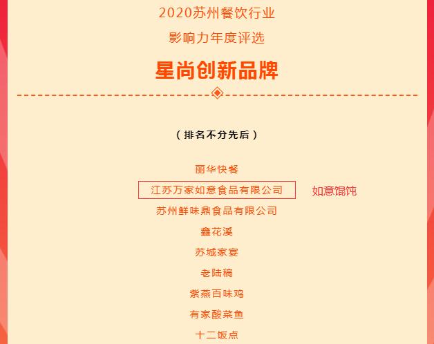 如意馄饨荣获2020苏州餐饮行业影响力年度评选星尚创新品牌